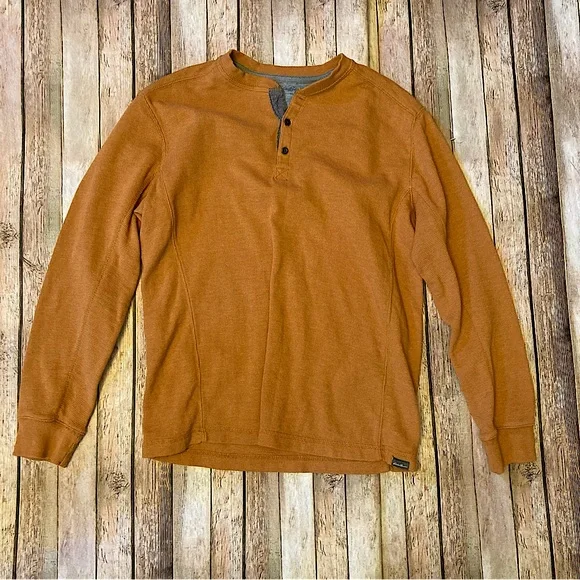 Eddie Bauer Mens L Burnt Orange Mustard Waffle knit 1/4 Button Long Sleeve Shirt - Picture 1 of 10
